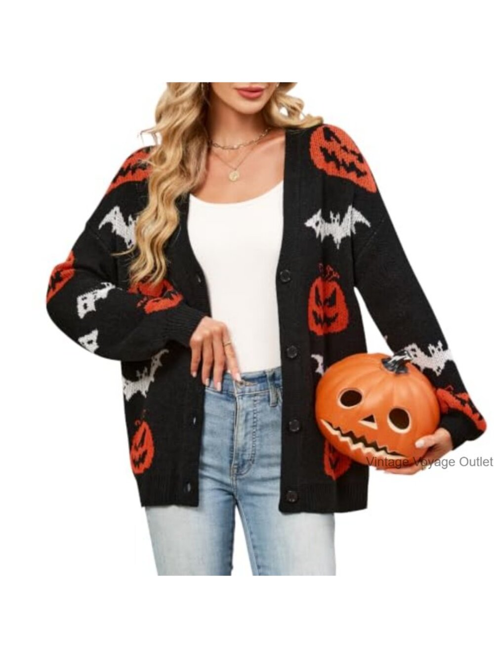 Halloween Pumpkin Cardigan Knit Oversized Button Up Long Sleeve